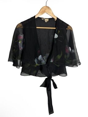Vintage 1960s black layered chiffon hand painted floral cape tie blouse